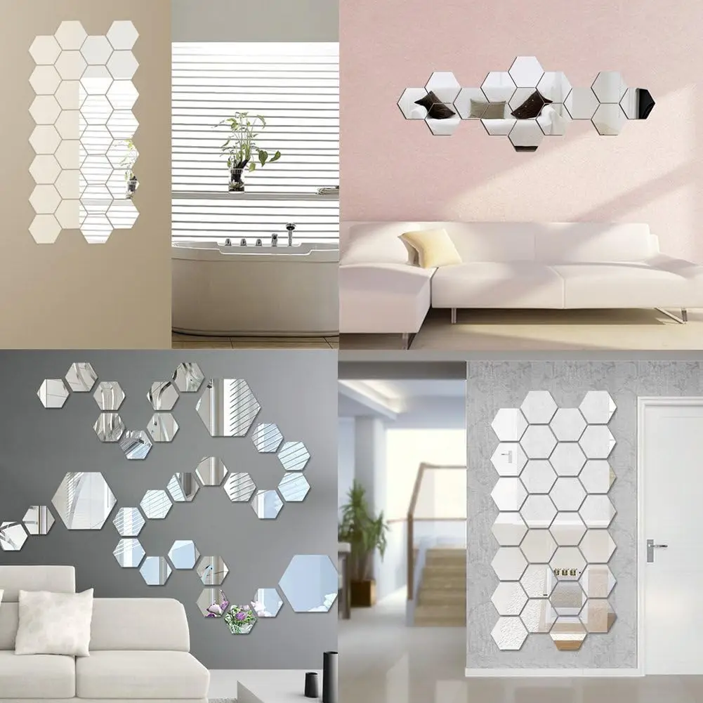 3D Hexagon Adhesive Decals Hexagon Shape Mirror Wall Stickers for Living Room DIY Mirror Wall Mural Modern Art Home Decor 6/12Pc