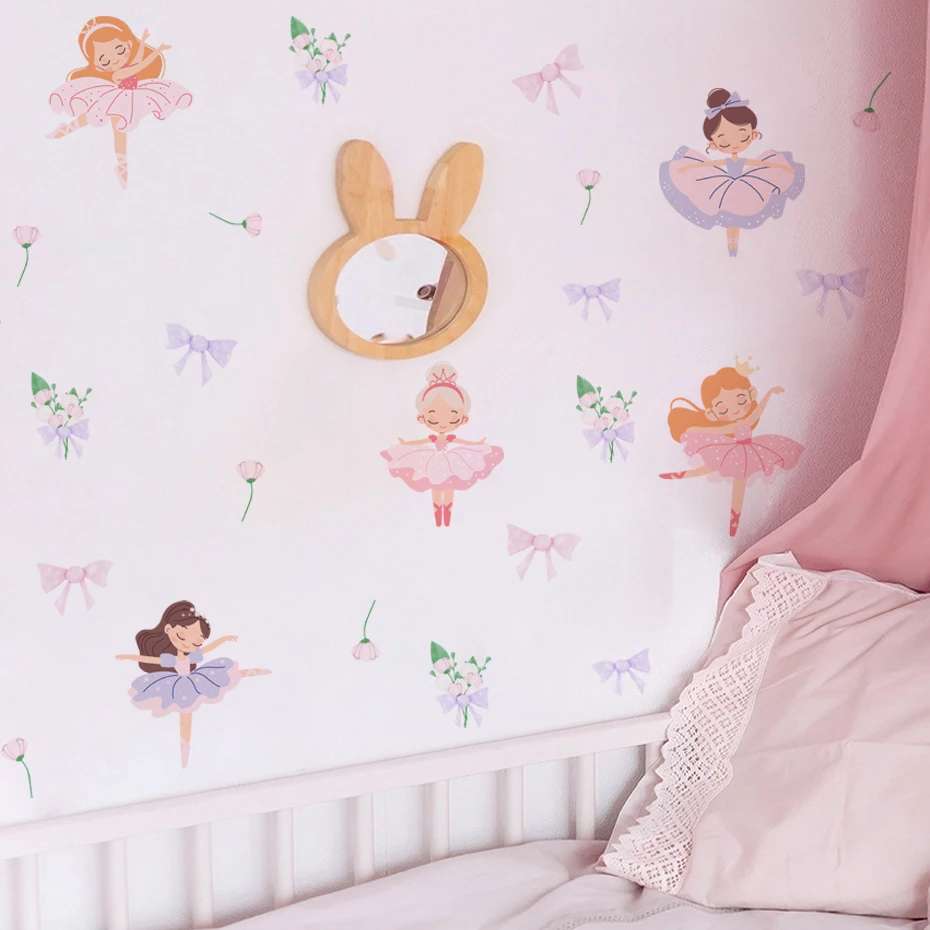 Fairy Ballet Dancer Bow Wall Stickers for Kids Rooms Girls Baby Room Bedroom Decoration Cute Nursery Wallpaper Self-adhesive