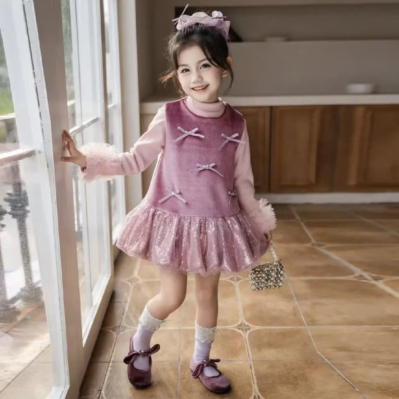 الخريف والشتاء الفتيات القوس مزين المخملية شبكة المرقعة الأزهار برعم بينافور فستان مبطنة بالصوف تول الأكمام 100-150 سنتيمتر #6