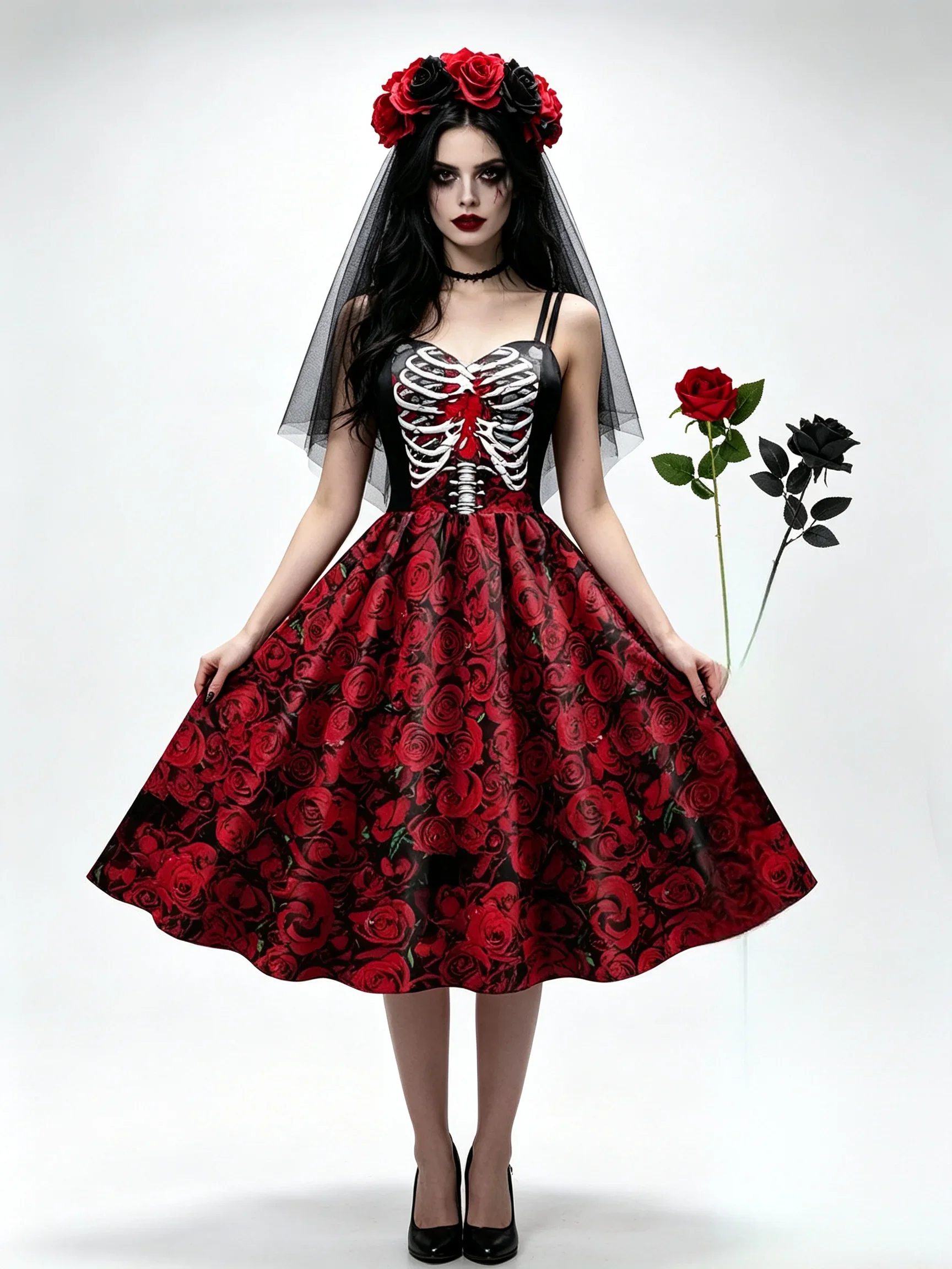 Teenager-Mädchen Rollenspiel-Kleid Damen Skelett-Rosen-Cosplay Ärmelloses Swing-Kleid Gothisches Halloween-Kostüm für Kostümparty – Detail 10