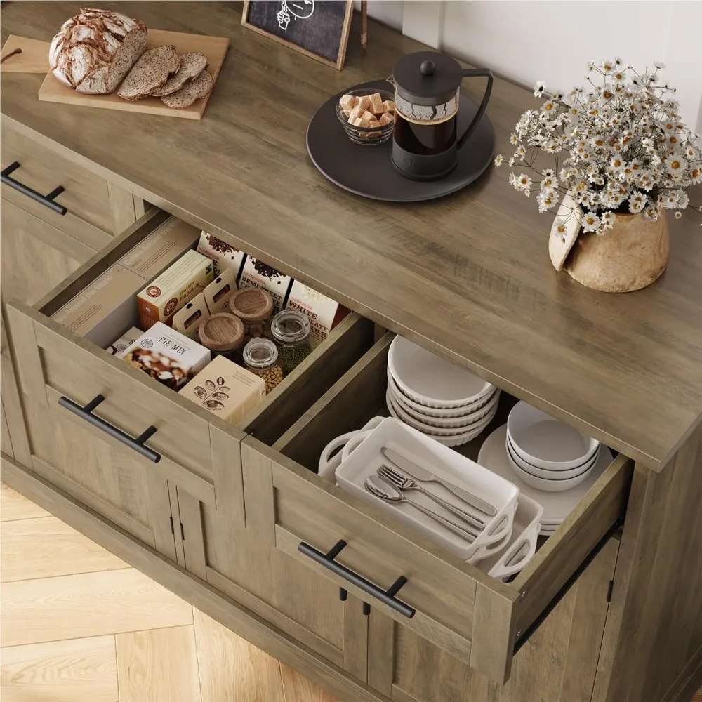 خزانة جانبية كبيرة مقاس 60 بوصة مع مساحة تخزين، وخزانة تخزين بوفيه المطبخ بطول 36 بوصة مع 4 أدراج، وخزانة بار القهوة الحديثة مع #6