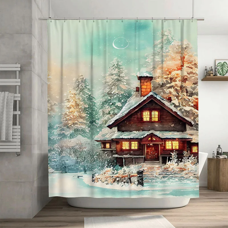 

TuniuRustic Cabin Winter Forest Shower Curtain Cozy Lodge Snow Scene Home Decor Waterproof Fabric Backdrop Bathroom Wall Hanging