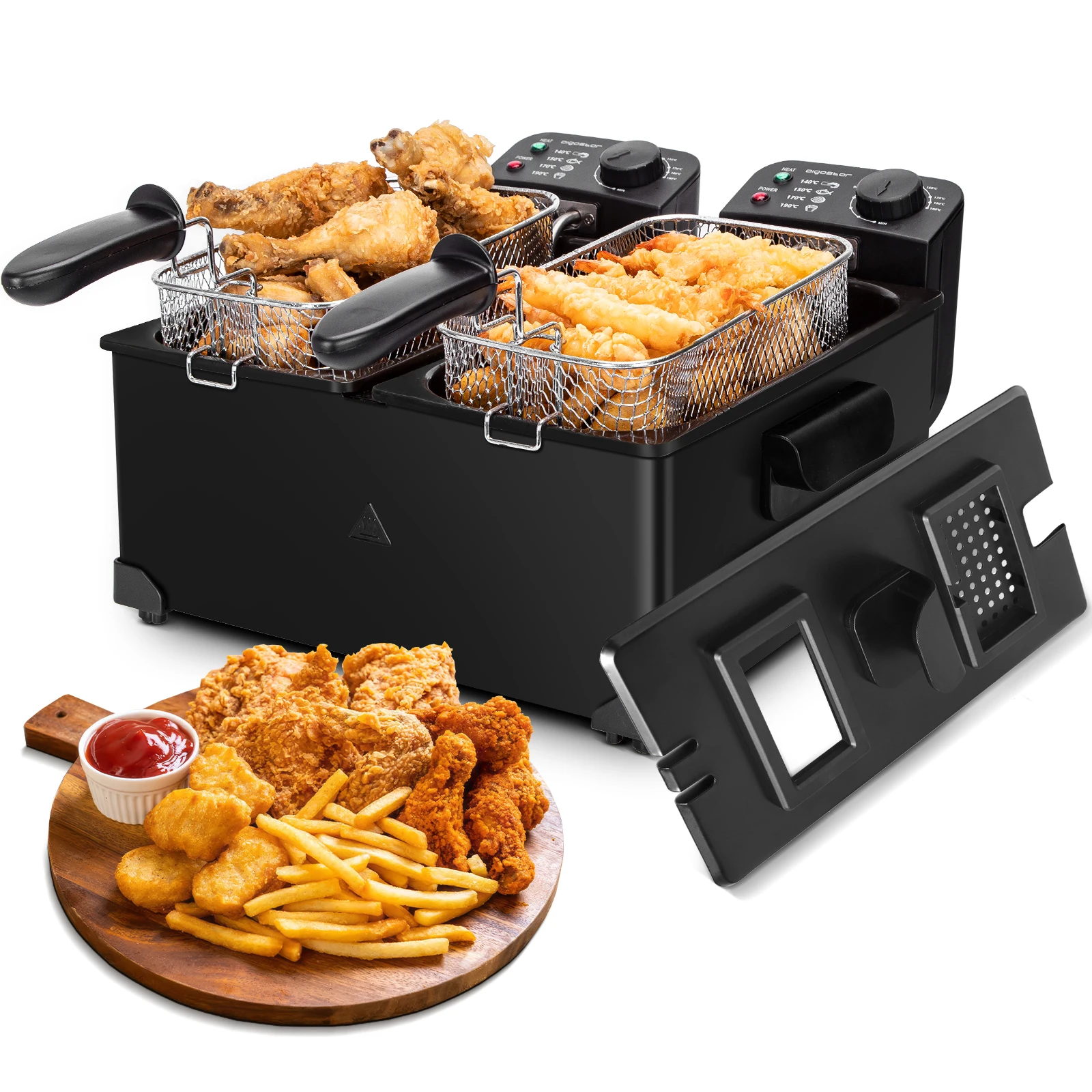 Aigostar Edelstahl Doppel-Fritteuse 3600W mit 2x3L Körben, Kaltzonenfunktion, Thermostat (90-190°C), Sichtfenster, emailliertem Topf, Ölfilter & Automatik-Abschaltung, Schwarz