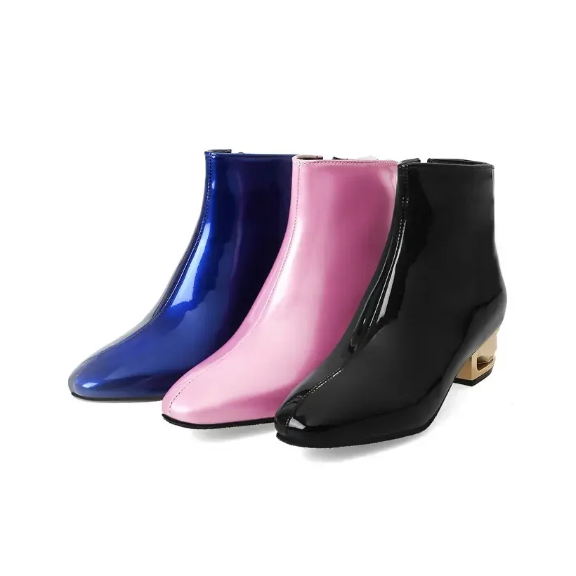 Plus Size Winter Blue Pink Patent Leather Women Ankle Boots 4cm Medium Block Heel Dress Party Square Toe Office Lady Short Boots