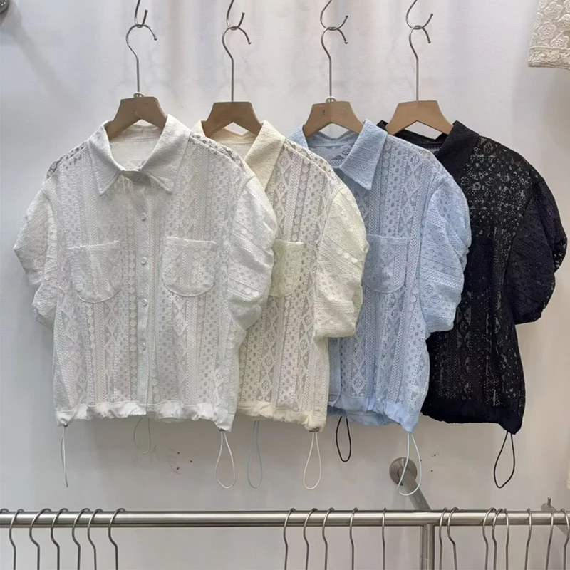 

Korean Style Drawstring Lace Embroidery Short Sleeve Shirt Stand Collar Breathable Summer New Arrival Women's Premium Fashion