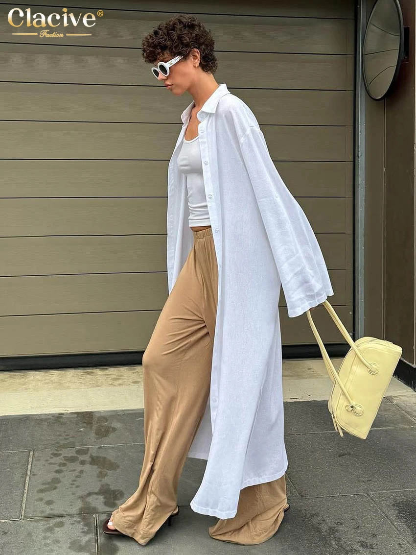 Clacive Fashion Loose White Cotton Women Dress Casual Lapel Long Sleeve Ankle Length Dresses Elegant Classic Solid Female Dress