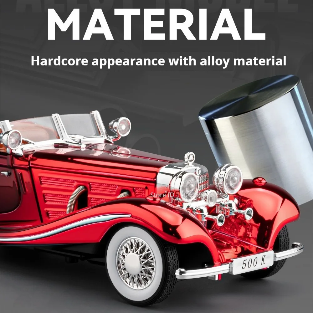 1:24 500K 300SL Vintage Auto Legierung Diecast Modell Spielzeug Auto Vorderrad Lenkung Sound Licht Zurückziehen Ornamente Kind weihnachten Geschenk