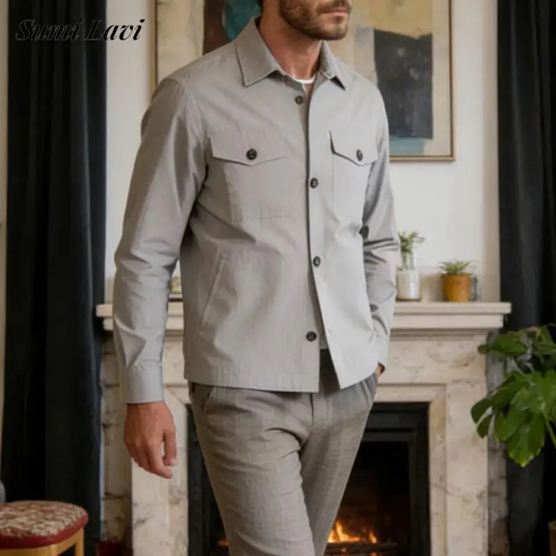 

Винтажная мужская рубашка на пуговицах с отложным воротником, куртка, пальто, весна-осень, повседневная однотонная верхняя одежда, мужские модные кардиганы