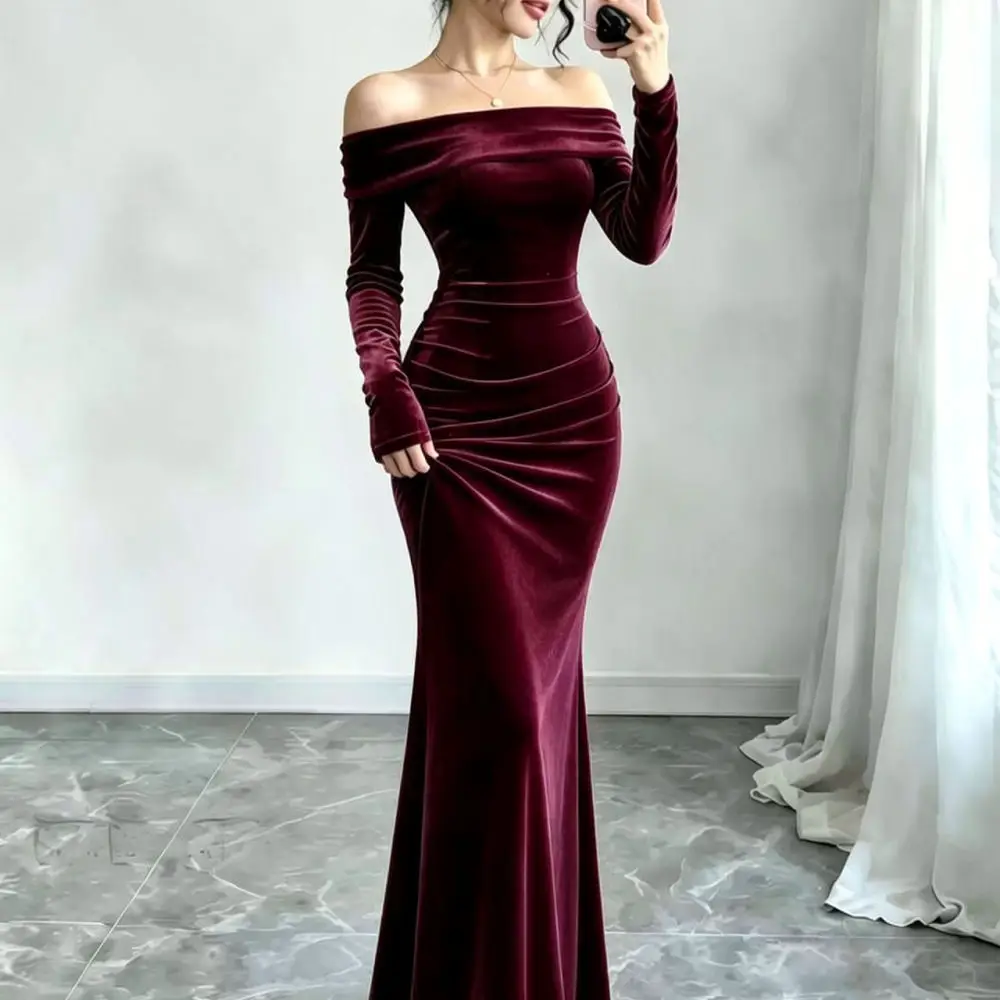 Winter Velvet Long Sleeve Bodycon Dress Women Off Shoulder Gown Elegant Slim Fit Autumn Party Formal Evening Maxi Skirts