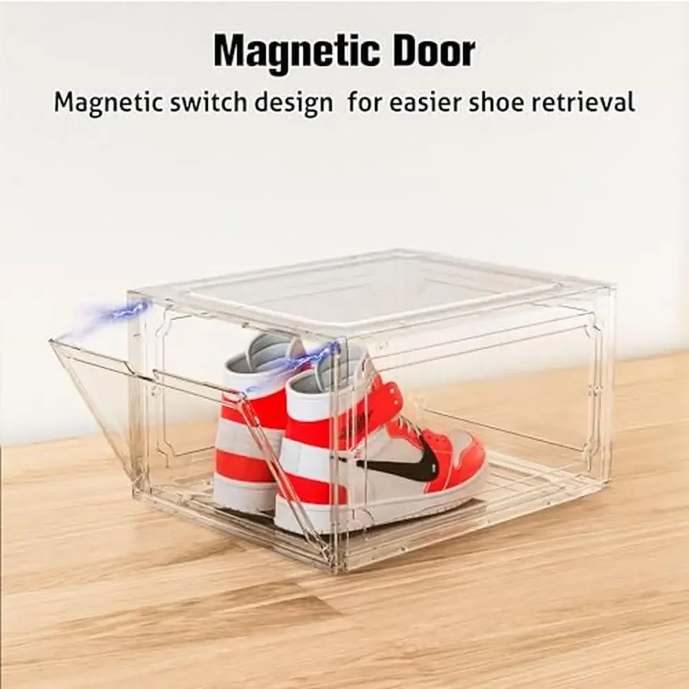 Clear Plastic Stackable Shoe Storage Organizer with Magnetic Door & Ventilation Design XX-Large 7-Pack Shoe Boxes Case Rack