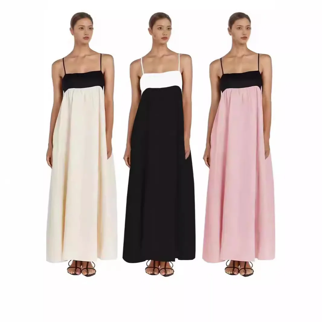 Color Block Spliced Strap Dress women summer spaghetti strap loose sleeveless camis dress sun casual long dress