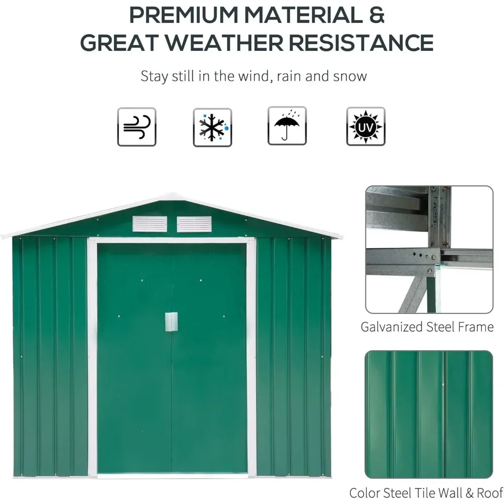 7' x 4' Outdoor Storage Shed, Garden Tool House with Foundation, 4 Vents and 2 Easy Sliding Doors Green, Storage Shed