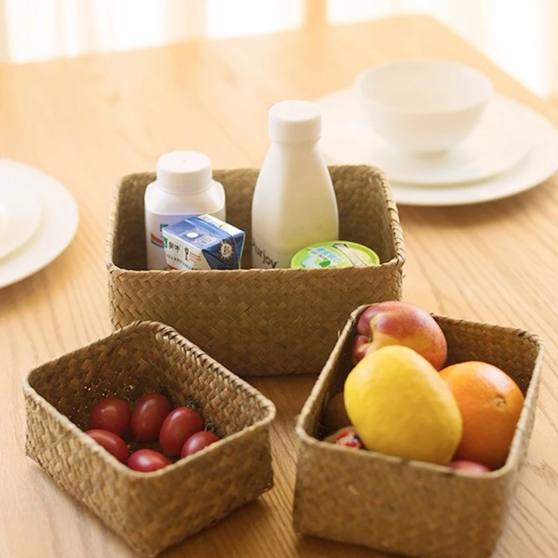 Home Natural Straw Storage Basket Hand Woven Seagrass Storage Box Desktop Sundries Organizer Cosmetic Storag Case Picnic Basket