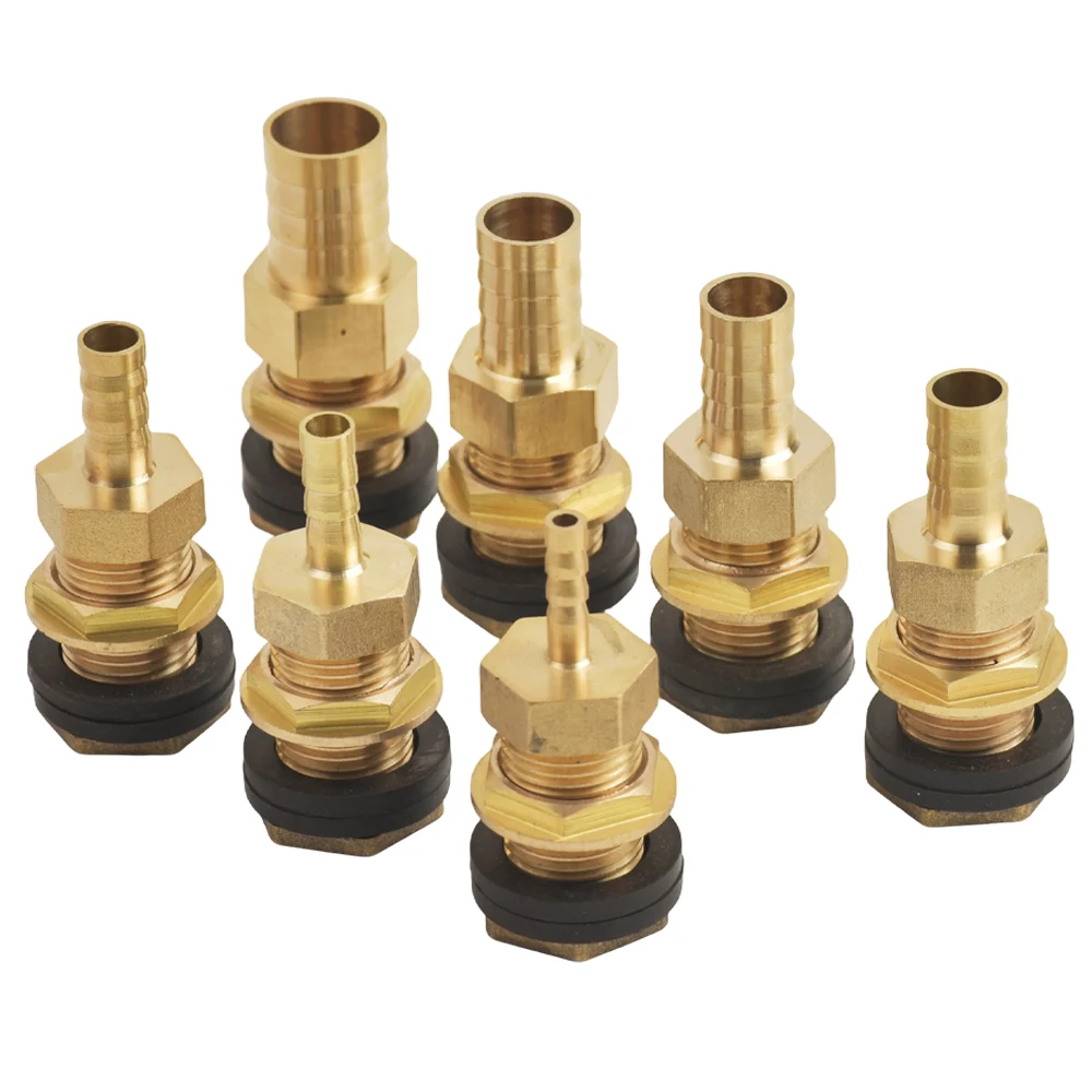 Brass Bulkhead Fitting with Brass Barb, Fitting Barb 6/8/10/12/14/16/19mm Hose ID, Brass Barb Fitting Pipe for Water Tanks, Tubs