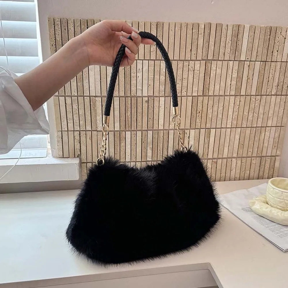 Large Capacity Fluffy Shoulder Bag Soft Texture Luxury Style Furry Tote Lightweight Zipper Closure Handbag. Party Night