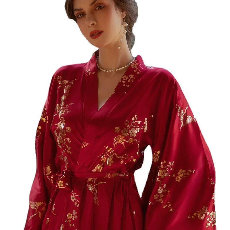 Luxury Burgundy Kimono Robe Women Wedding Bride Bathrobe Sexy Bronzing Flower Morning Dressing Gown Elegant Sleepwear Nightgown