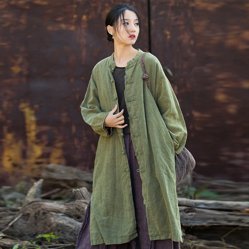 

Cotton and linen women's clothing new ramie cotton fried color old retro buckle cardigan medium and long coat fashionable and ca