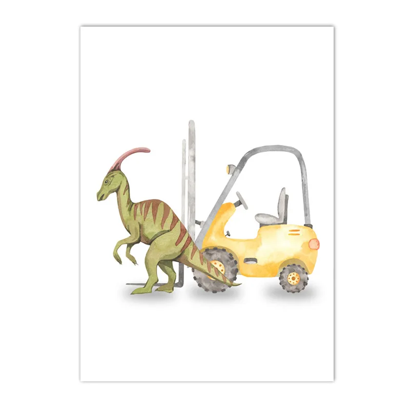 Cartoon Dinosaur Truck Tractor Excavator Wall Art Canvas Painting Nursery Posters And Prints Nordic Wall Pictures Boy Room De