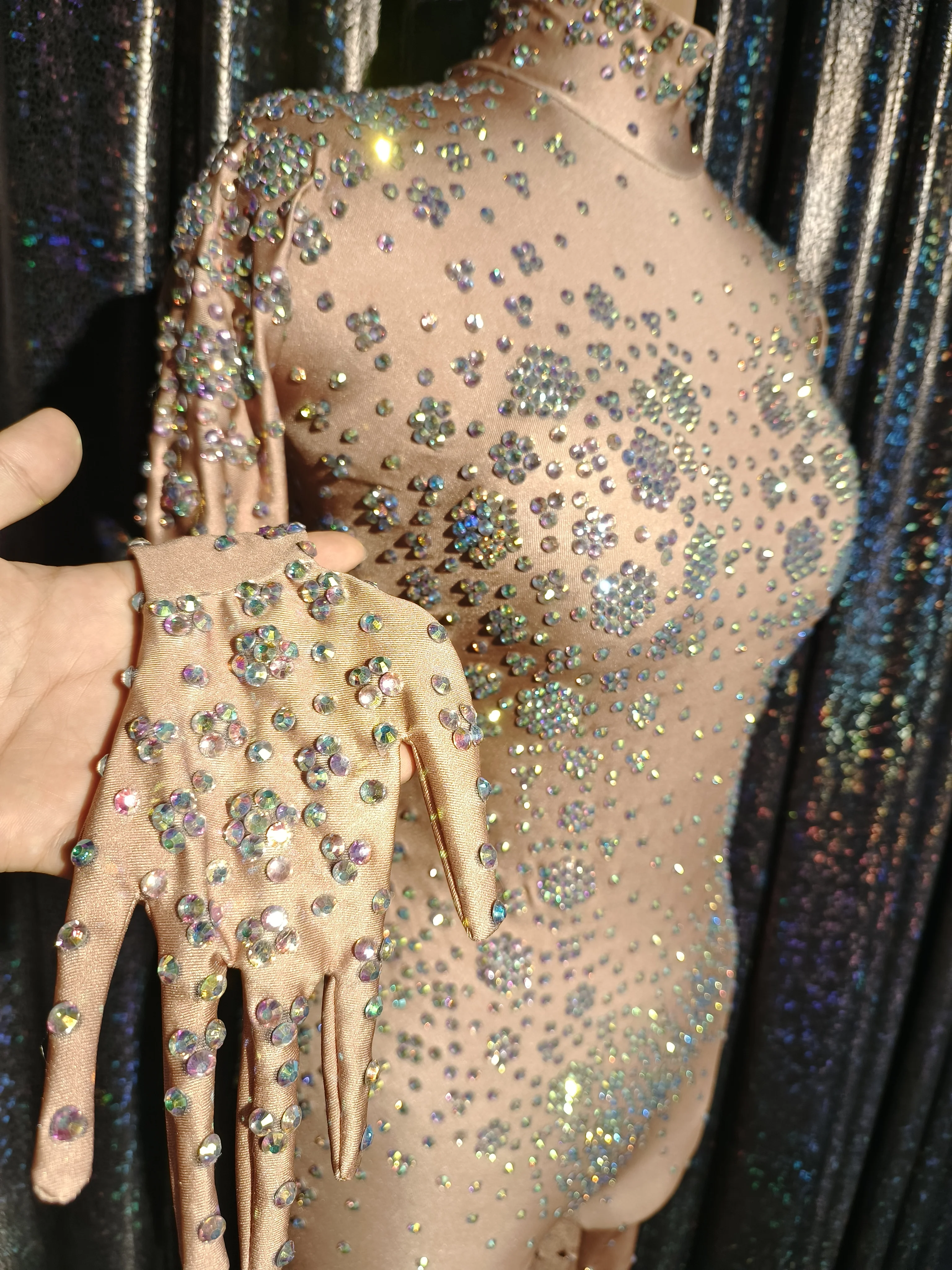 Sparkly Women Sexy Club Party Birthday Performance Drag Queen Clothing Spandex Luxury Sparkle Long Gloves Rhinestones Jumpsuit