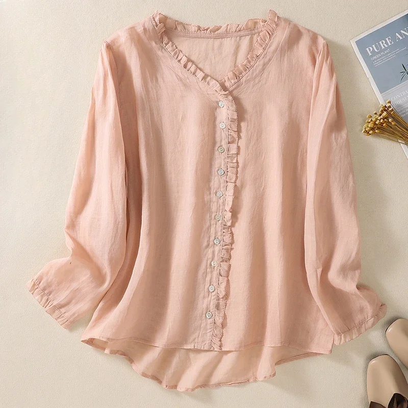 Chinese Style Women's Shirt Summer Cotton Linen Vintage Blouses Loose Ruffles Women Tops Solid Fashion Clothing