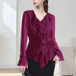 Early Spring New Ruffled V-neck Chiffon Shirt with Elegant Feminine Temperament Purple Top with Unique Design Sense Shirt