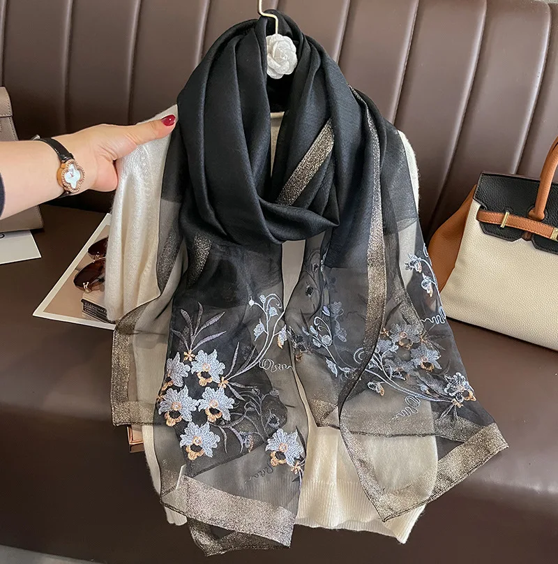 

New Women Silk Wool Scarf Floral Embroidery Hijab Foulard Spring Summer Travel Thin Pashmina Shawl Wrap Bufanda Echarpes Bufanda