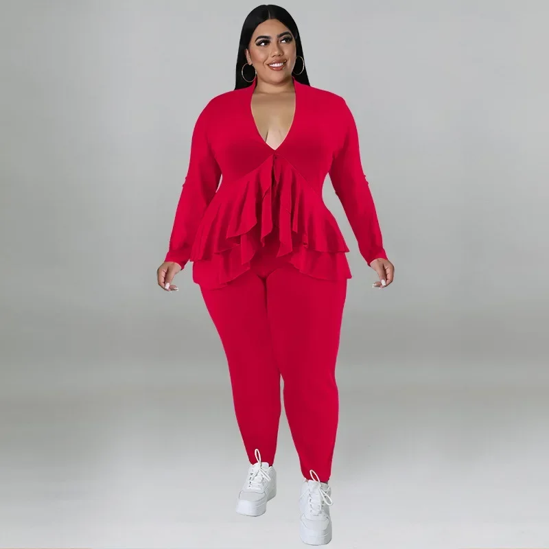 KEXU Plus Size Women Set Fashion Ladies Ruffles Hem V-neck T-shirt and Legging Pants Suit Spring Female Two 2 Piece Set Outfit