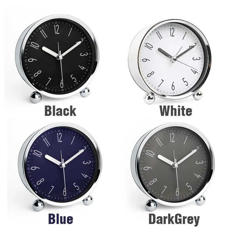 Desk Clock Alarm Bedside Quartz Clock Round Shape Metal Shell Silent Clocking Sweep Second Simple Design