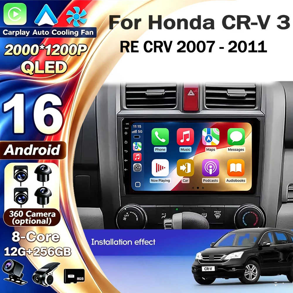 Android 16 CarPlay&Auto For Honda CR-V 3 RE CRV 2007 - 2011 Car Radio Stereo GPS Navigation Multimedia Player Wireless WIFI BT