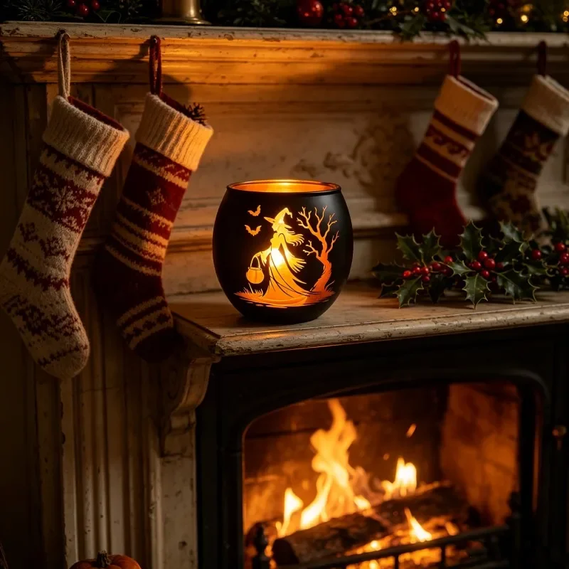 Halloween black golden glass candle holder Witch bat tree silhouette pattern Atmosphere decoration Halloween desktop decoration