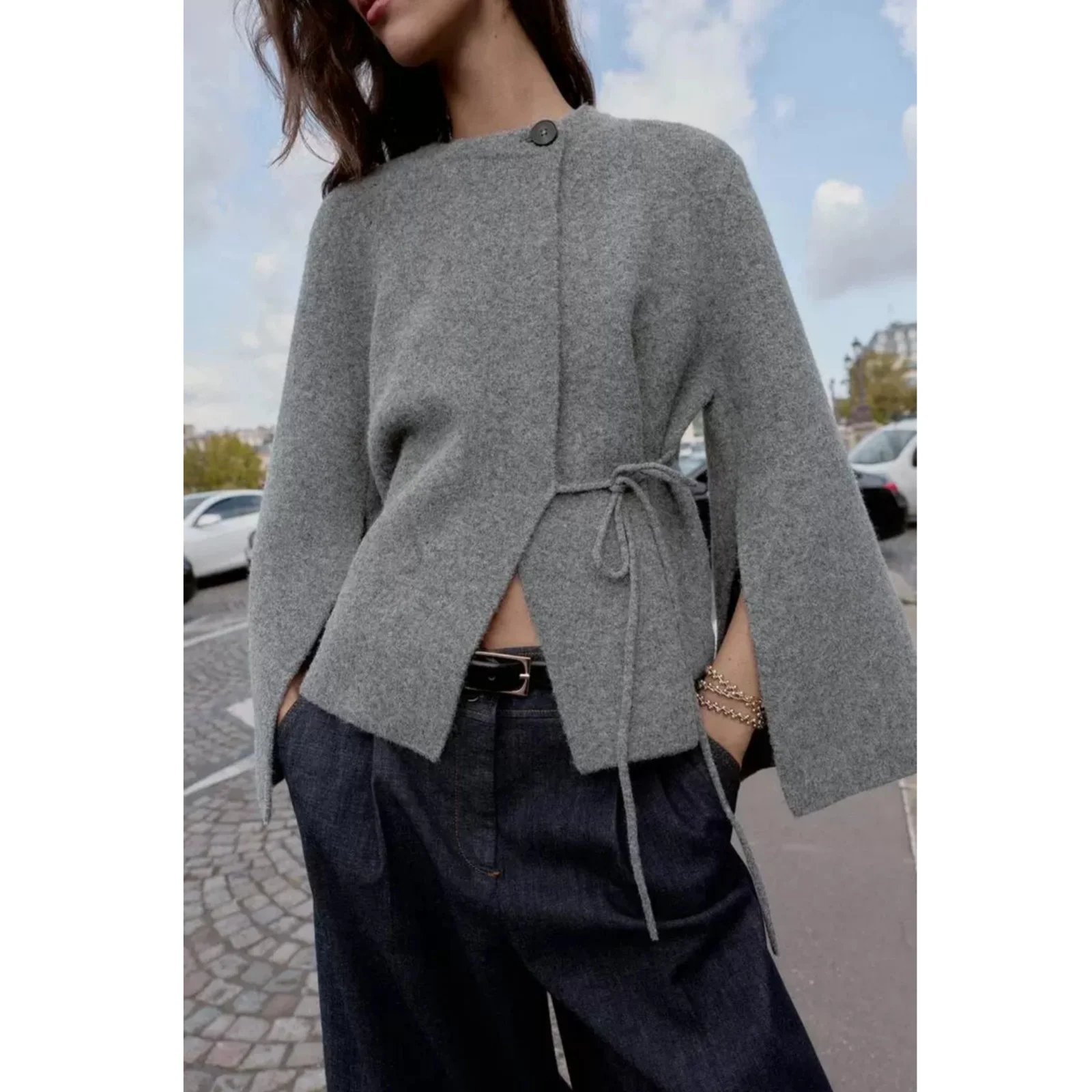 Loose Style Knitted Coat Double Lapel Design round Neck Split Sleeve Women's New Autumn Winter Fashion Polyester Fiber Coat