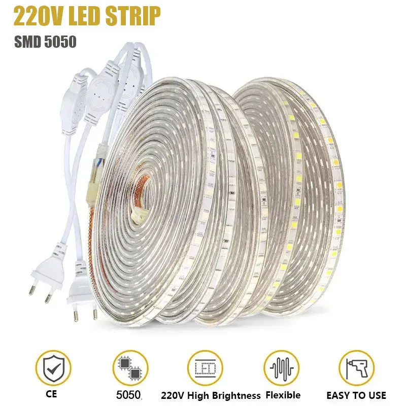 Taśma Led 220V Wysoka jasność Wodoodporna zewnętrzna biała taśma Led Smd 5050 60 diod LED / M Wtyczka EU Wstążka do oświetlenia kuchni Czerwona