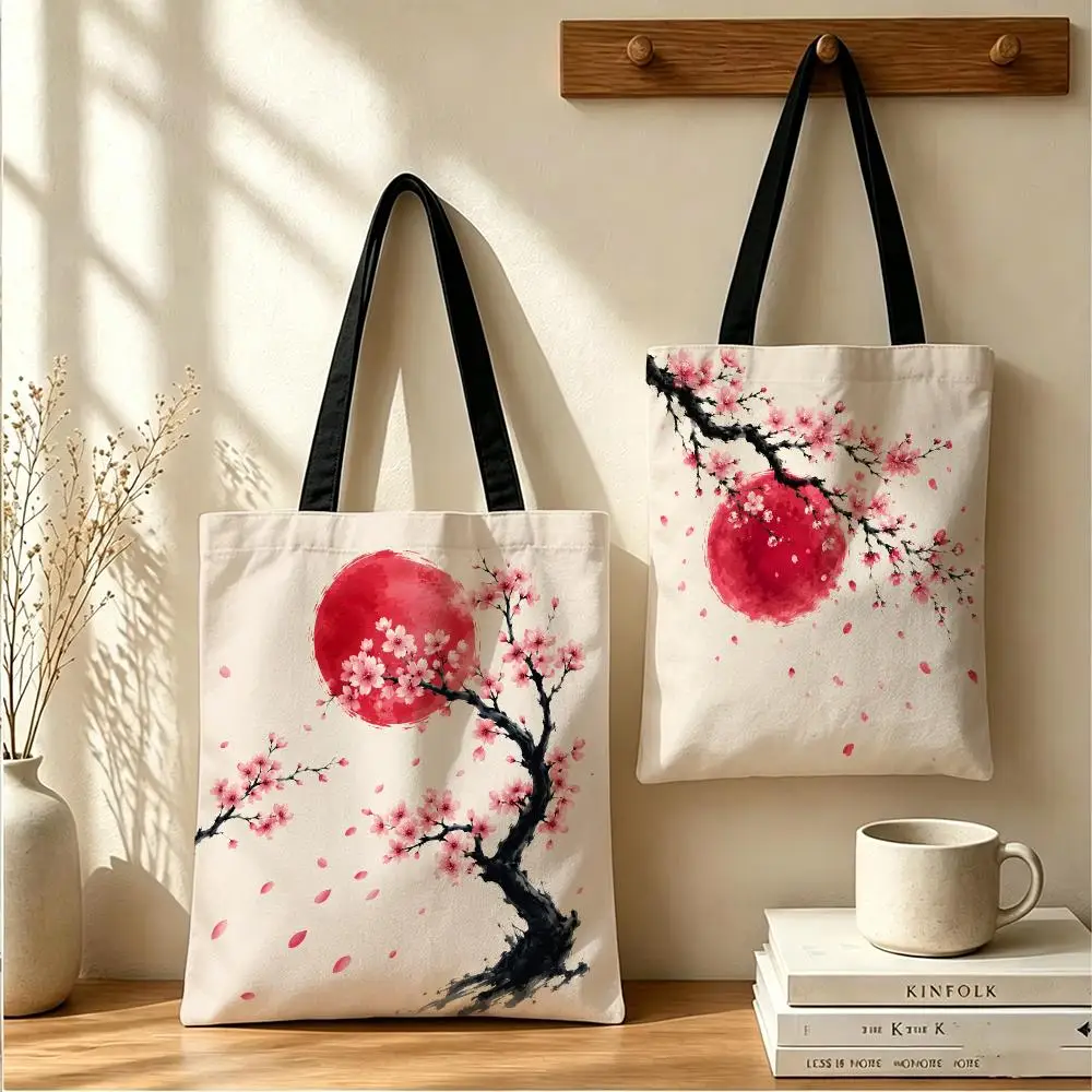 Stylish Cherry Blossom Storage Bags Canvas Tote Bag Women Large Capacity Reusable Shopping Shoulder Bag Daily Handbag