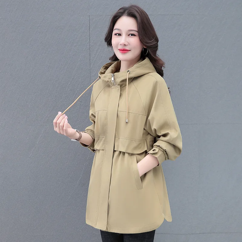 Damska odzież wiosenno-jesienna, płaszcz typu trencz o średniej długości, nowa moda 2025, damski casualowy top z kapturem, khaki wiatrówki, podstawowy płaszcz damski.