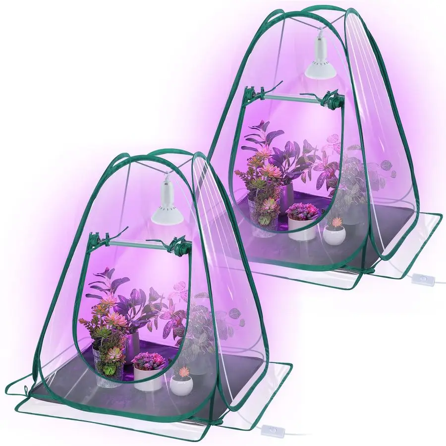 

Набор из 2 мини-теплиц с 200 светодиодными лампами для выращивания растений мощностью 10 Вт, для использования в помещении, 27 x 27 x 30 см, складной маленький тепличный чехол с дренажным отверстием в основании.