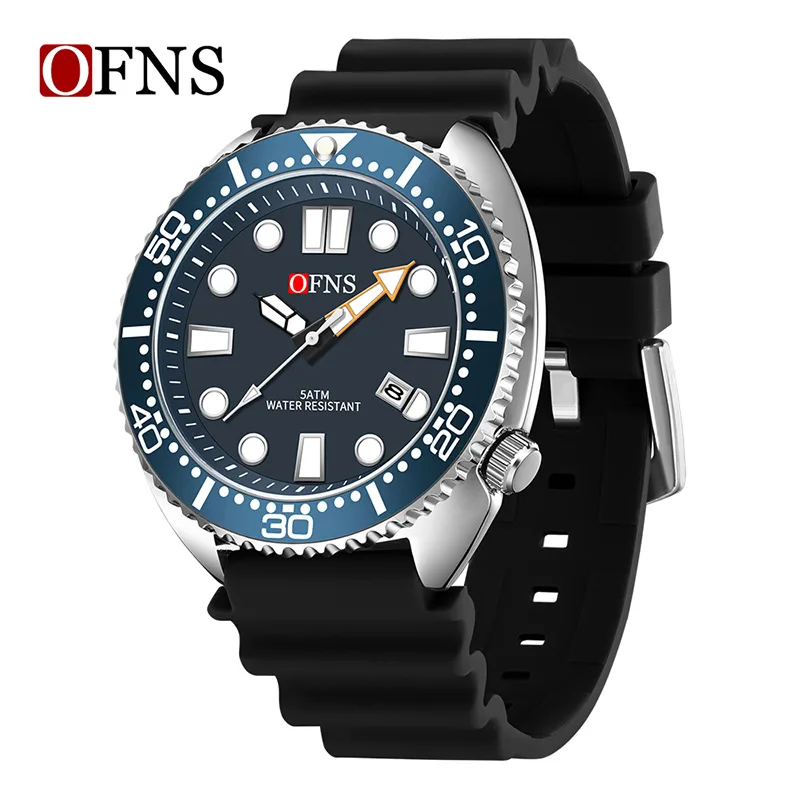 OFNS 8033 Men's Quartz Watch Simple Fashion Waterproof Calendar Watch Casual Silicone Strap Watch Wristwatch