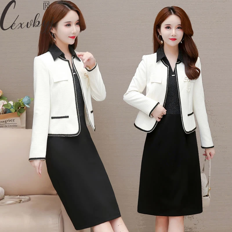 

Office Lady Business Dress 2 Peice Suit Women Temperment Short Jacket+Polo Collar Bodycon Dress Plus Size Set Elegant Outfits