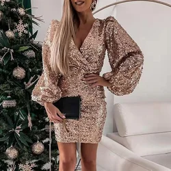 New Sexy V Neck Bodycon Sequin Party Dress Office Lady Fashion Lantern Sleeve Mini Dress Women 2022 Popular Puff Shoulder Dress