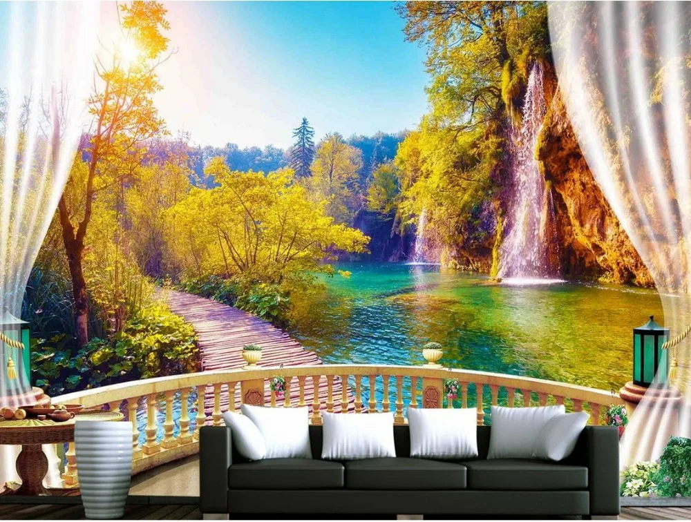 Customized products China Jiuzhaigou balcony lake blue water cloud forest 8D Wallpaper landscape beautiful scenery mural bedroom