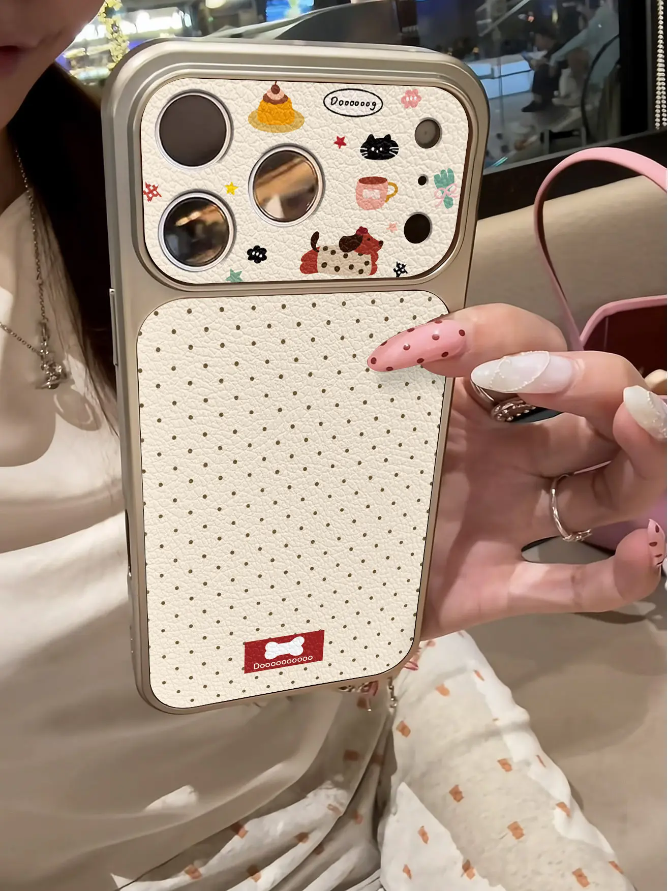 Einfache Polka Dots Luxus-Imitation 17 Handyhülle für iPhone 13 14 15 16 17 Pro Max 17Pro, plattierter Stoßfänger, stoßfeste Lederhülle – Detail 12