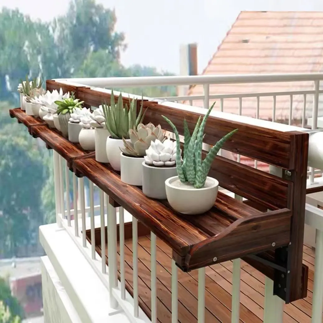 Folding Carbonization Wood Railing Rack Balcony Hanging Coffee Tea Table Leisure Potted Flower Pot Wall Outdoor Window Sill St