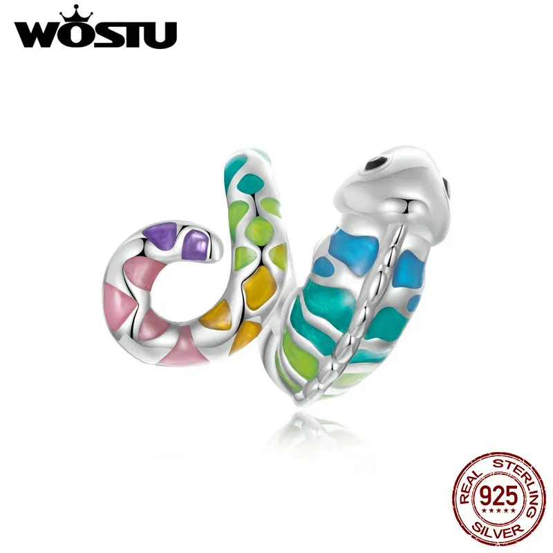 WOSTU Real 925 Sterling Silver Rainbow Color Chameleon Charms Animal Bead Fit Original Bracelet DIY Necklace Jewelry Making Gift