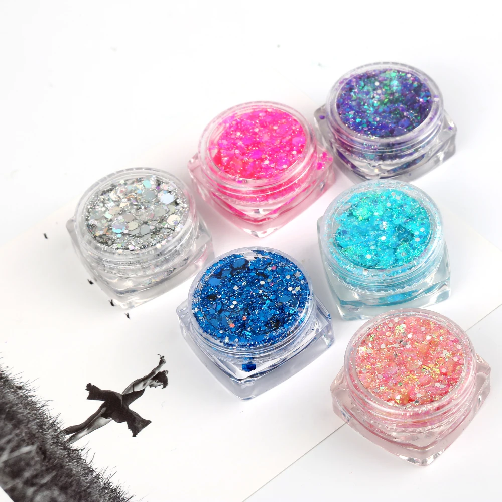 Cores holográficas Mermaid Sequins Gel, Cabelo Corpo e Rosto Glitter, Loose Art, Shimmer Eye Shadow, 1 pc, 3 pcs, 5pcs