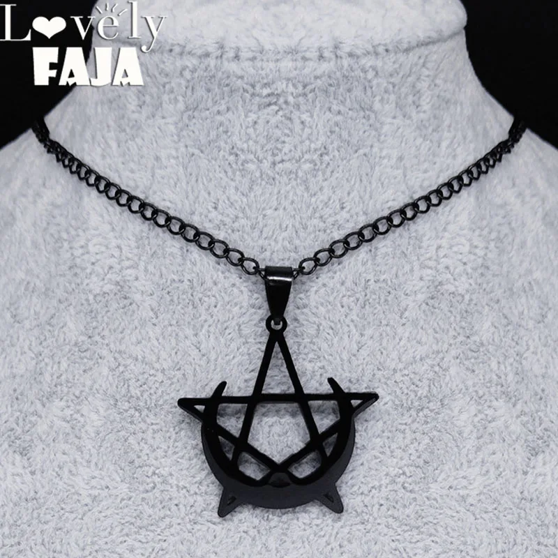 Lovely FAJA Gothic Moon and Pentagram Stainless Steel Neckless for Women Black Witchcraft Necklaces & Pendants Jewelry N4136S03