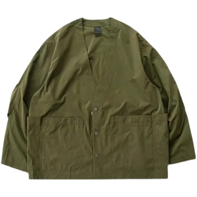 Japan Multi Pocket Loose Waterproof Cardigan Coat Taoist Robe Long Sleeve Oversized Army Green Jacket Amekaji Style