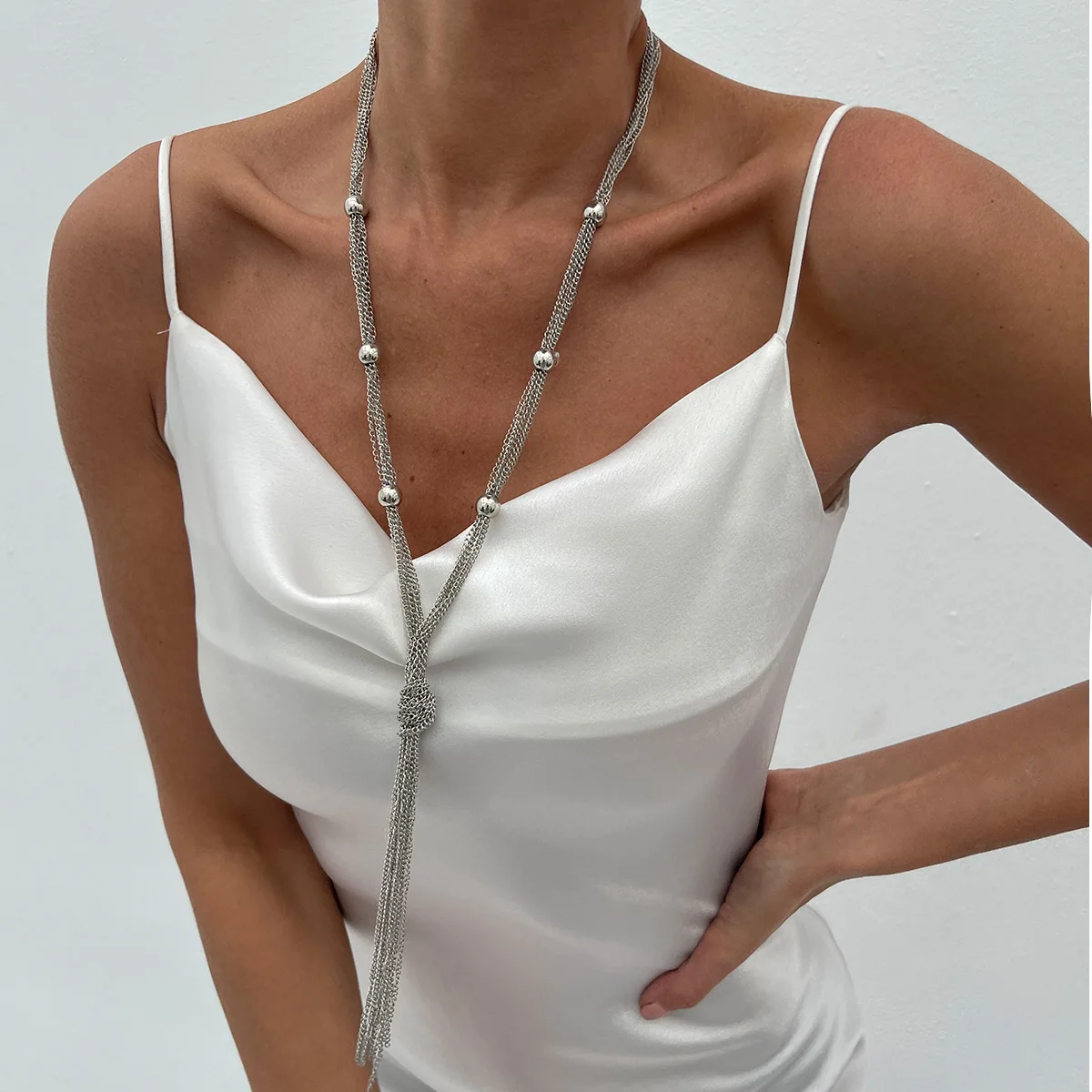 Necklace Y Shape Long Metal Tassel Multi Strand Knot with Sturdy Adjustable Gold Tone Clasp for Women Edgy Daily Night Out