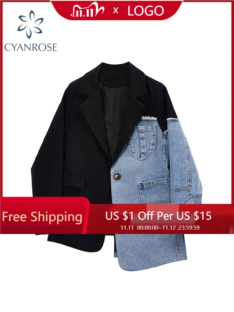 

Women Vintage Fashion Blazer Denim Patchwork Jackets 2022 Autumn Winter Irregular Coat Women Long Sleeve Loose Korean Outerwear