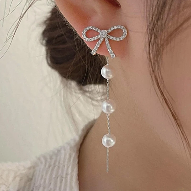 Women Bowknot Style Drop Earrings White Red Black Bowknot Pearl Cute Drop Earrings Gold Plating Crystal Stone Long Girls