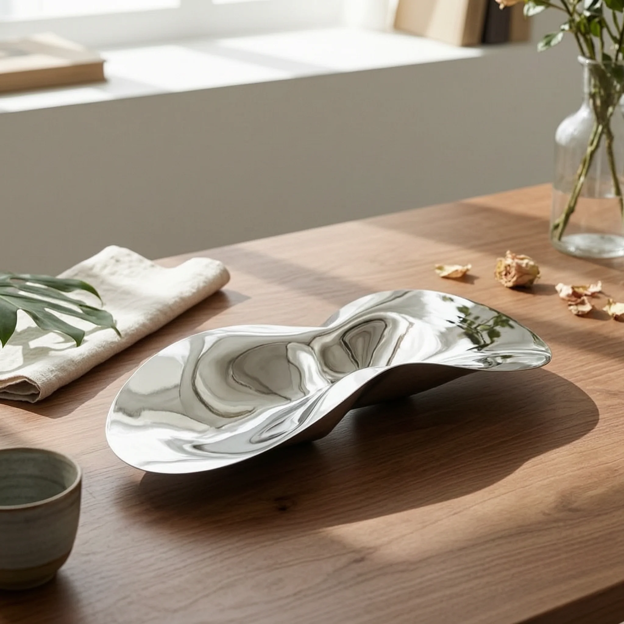 

Irregular Stainless Steel Fruit Platter Mirror Finish Modern Wavy Decorative Bowl Abstract Metal Fruit Dish European Design &