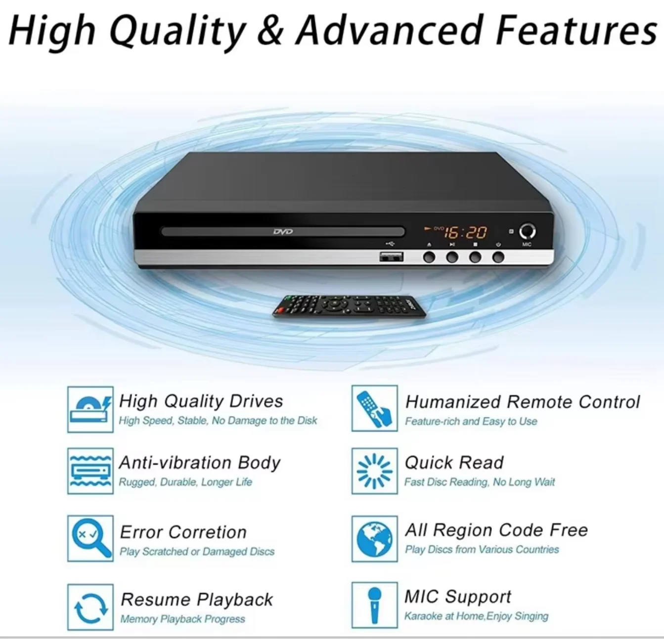 DVD Player High-defination Home DVD Player Box For HD Mini TV All Region Free DVD CD-Discs Player AV-Output Built-in MIC-port